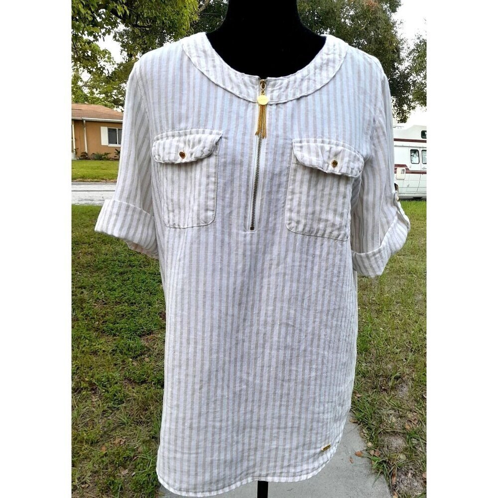 Ellen Tracy Striped 100% Linen Top Roll Tab Beige & Ivory Size M